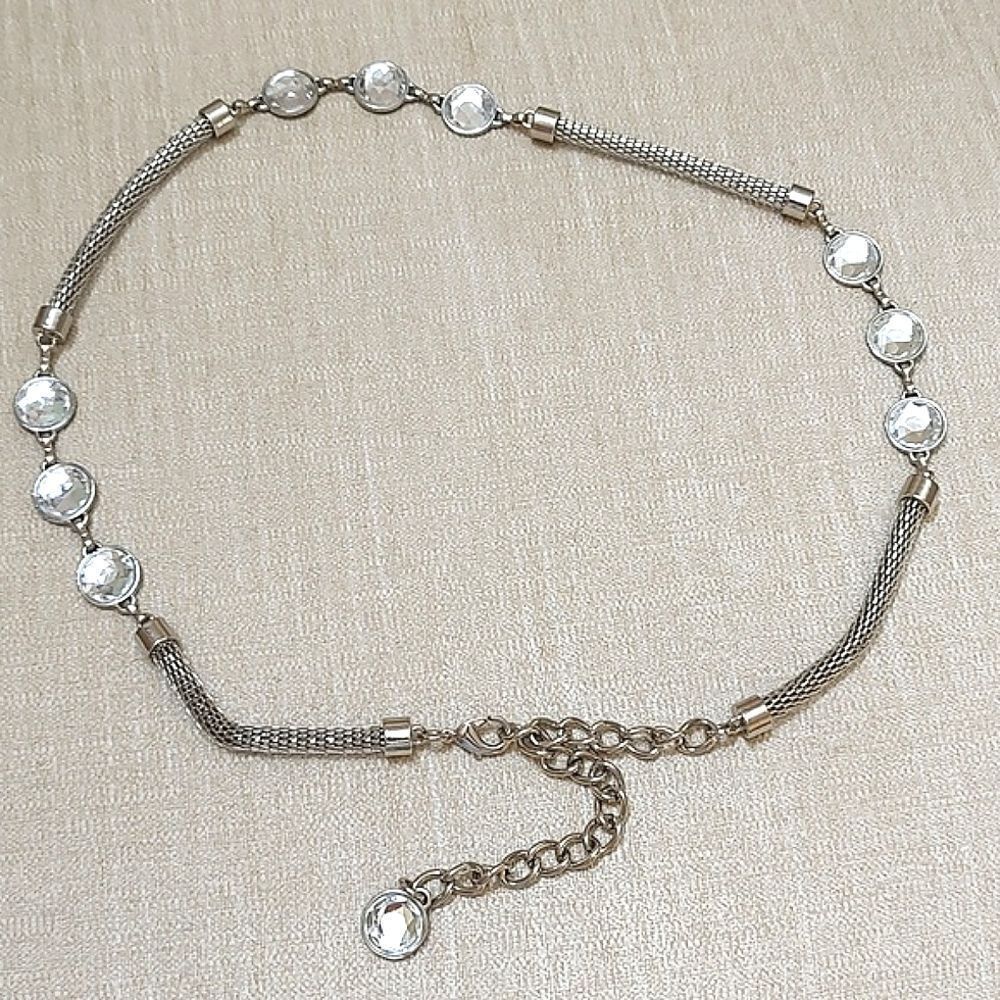 Silver Metal Coil Link Faceted Stone Adjustable Waist Hip Belt